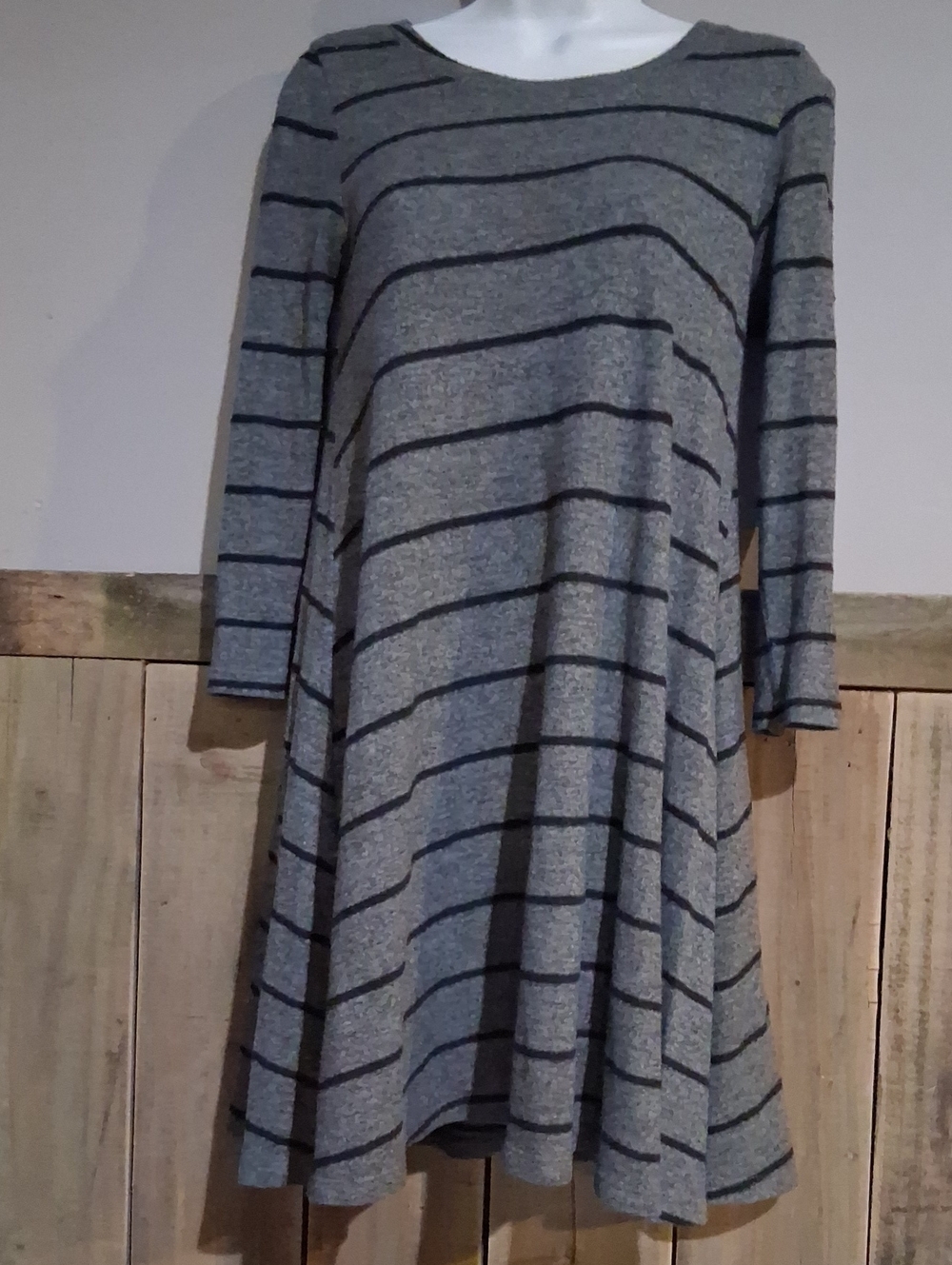 Striped Grey Swing Midi Dress - Long Sleeve